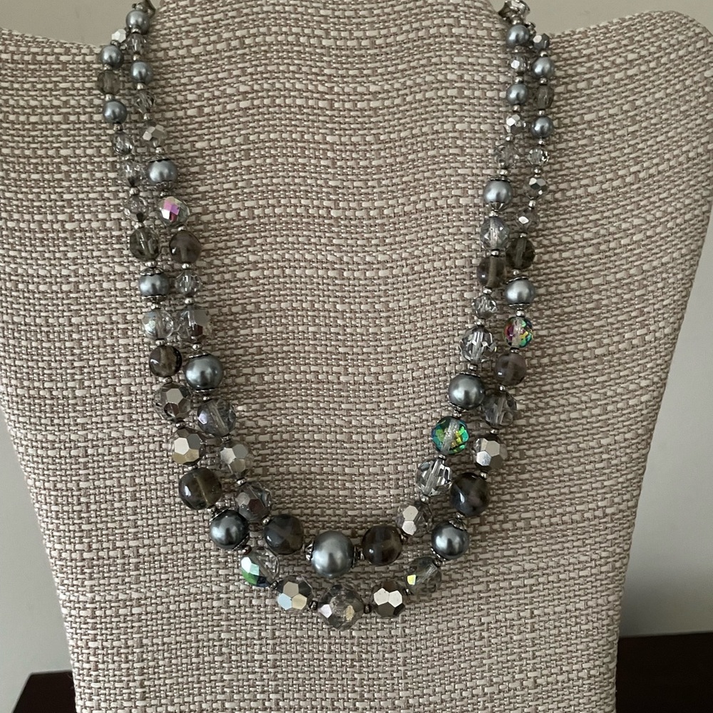 Swarovski gray/silver AB crystal and gray pearl necklace